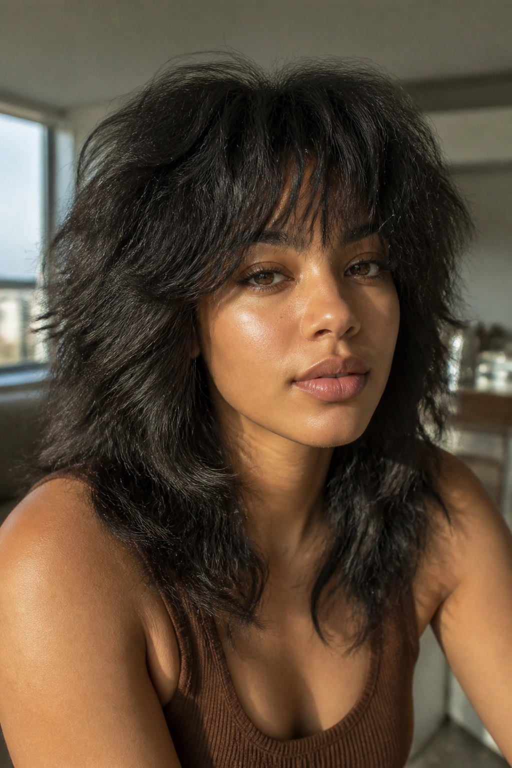 Close-up of a real woman with textured wolf cut and choppy bangs in soft natural light