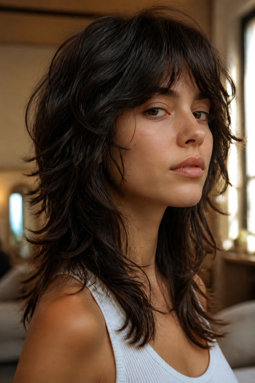 Close-up of a real person with a textured deconstructed wolf cut