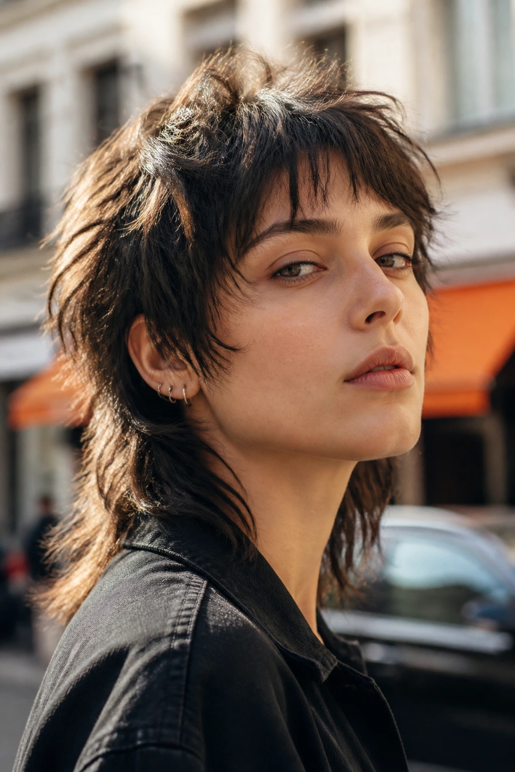 Portrait of a woman with a textured wolf cut