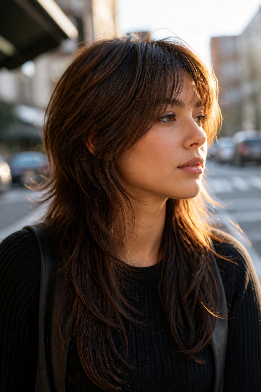Woman with wolf cut lite and thinning near ears in a warm urban setting.