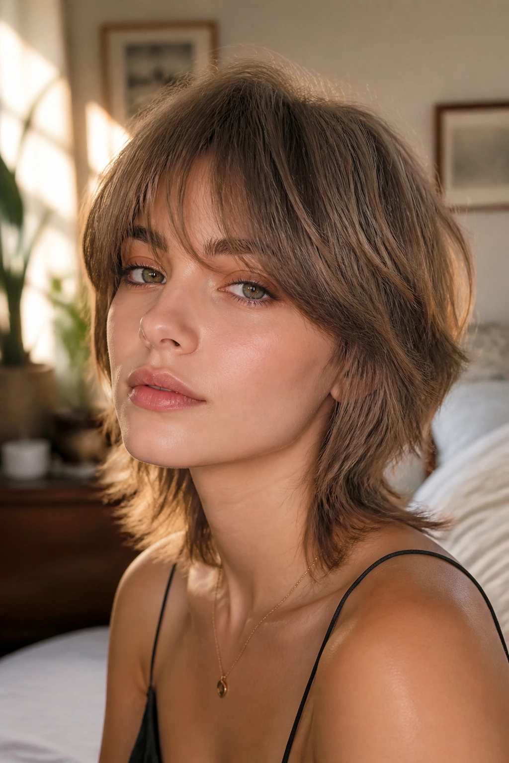 Close-up of a real person with wispy wolf cut lite on straight hair.