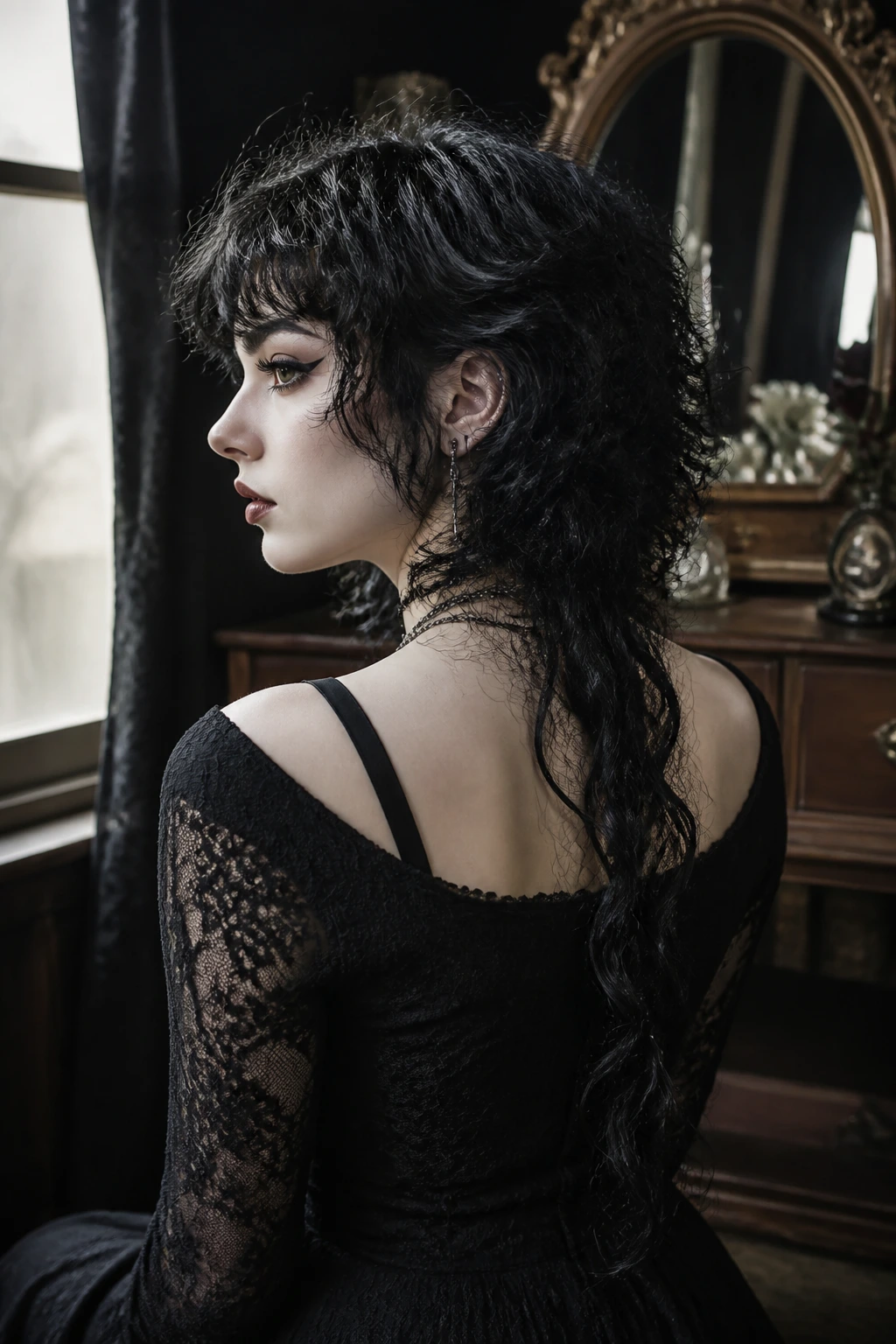 Portrait of a person showcasing a layered Gothic wolf-tail hairstyle