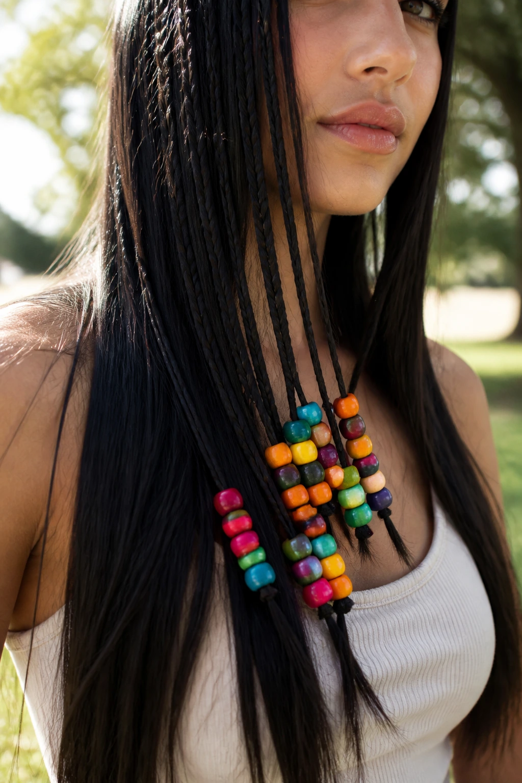 Beaded braid ends with colorful wooden beads on a real person