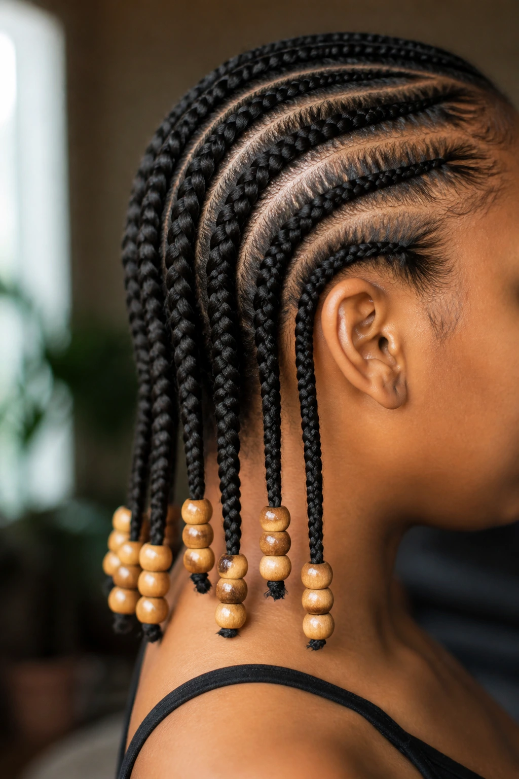 Close-up of cornrows with wooden beads at the ends on a real person