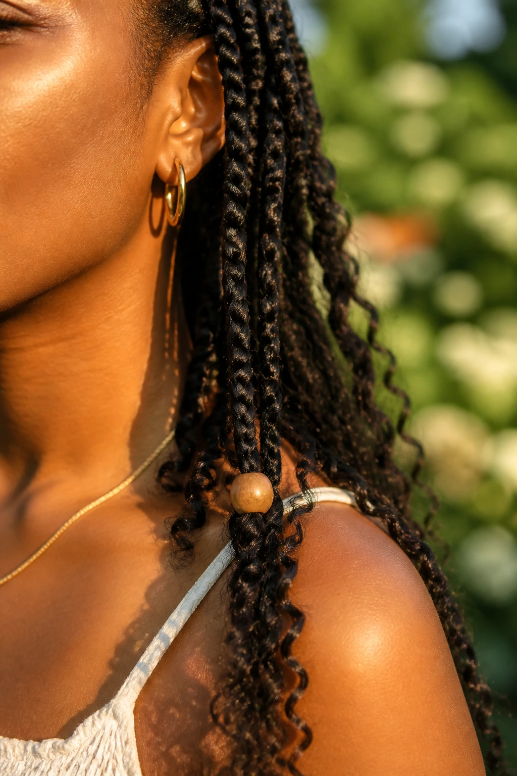 Real person with goddess braids featuring a single wooden bead