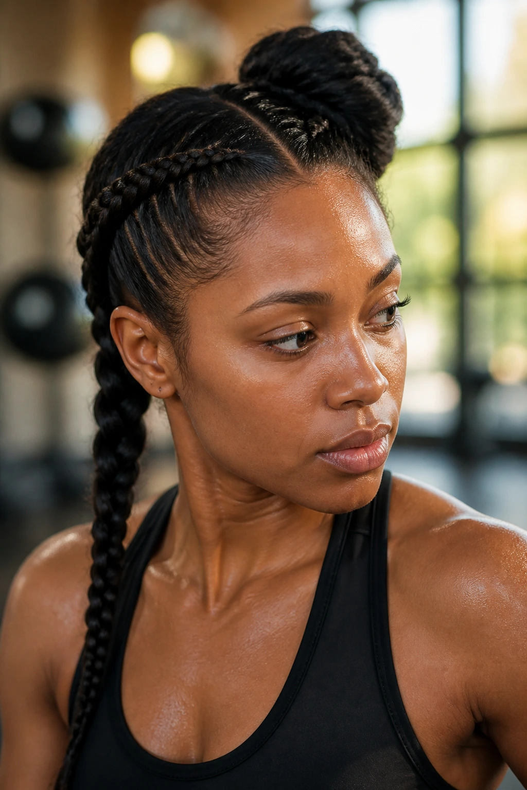 Close-up portrait of a real woman with braided and twisted workout hairstyles in a gym.