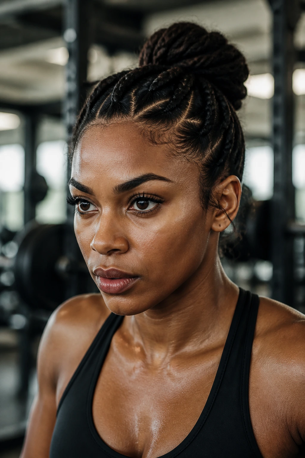 Close-up of a real athlete with a neat, secure workout hairstyle in a gym