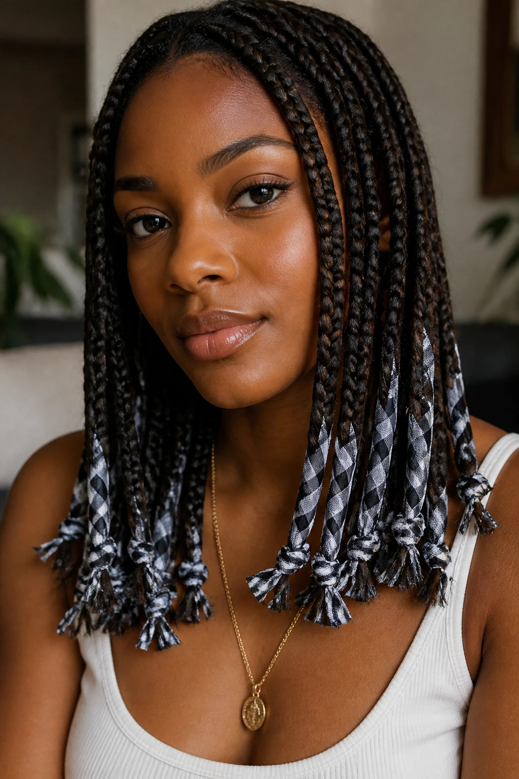 Close-up of wrap-around braids with gingham-laced ends on a real person