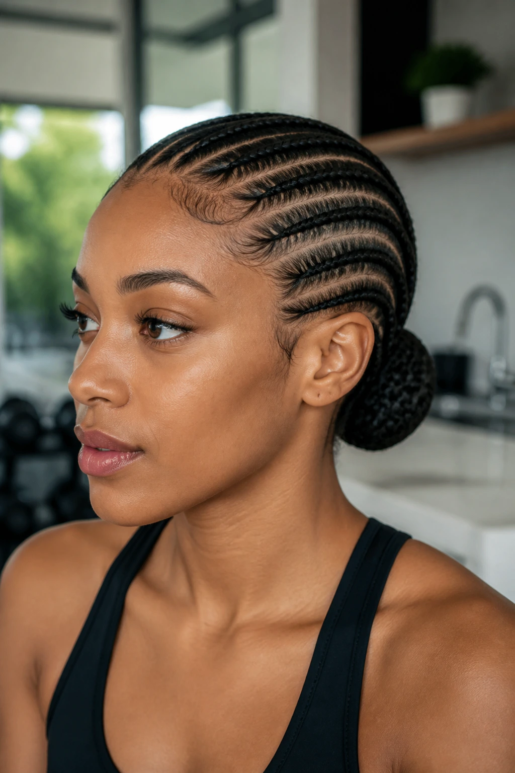 Close-up of wrap-around cornrows wrapped into a low bun on a real person.
