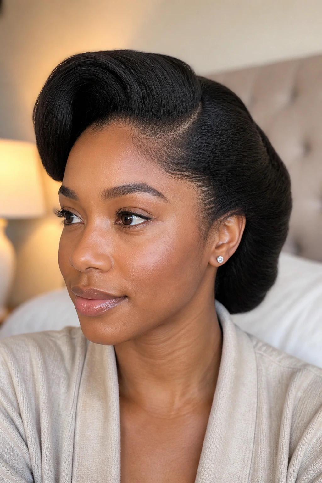 Close-up of a woman with hair wrapped away from the face