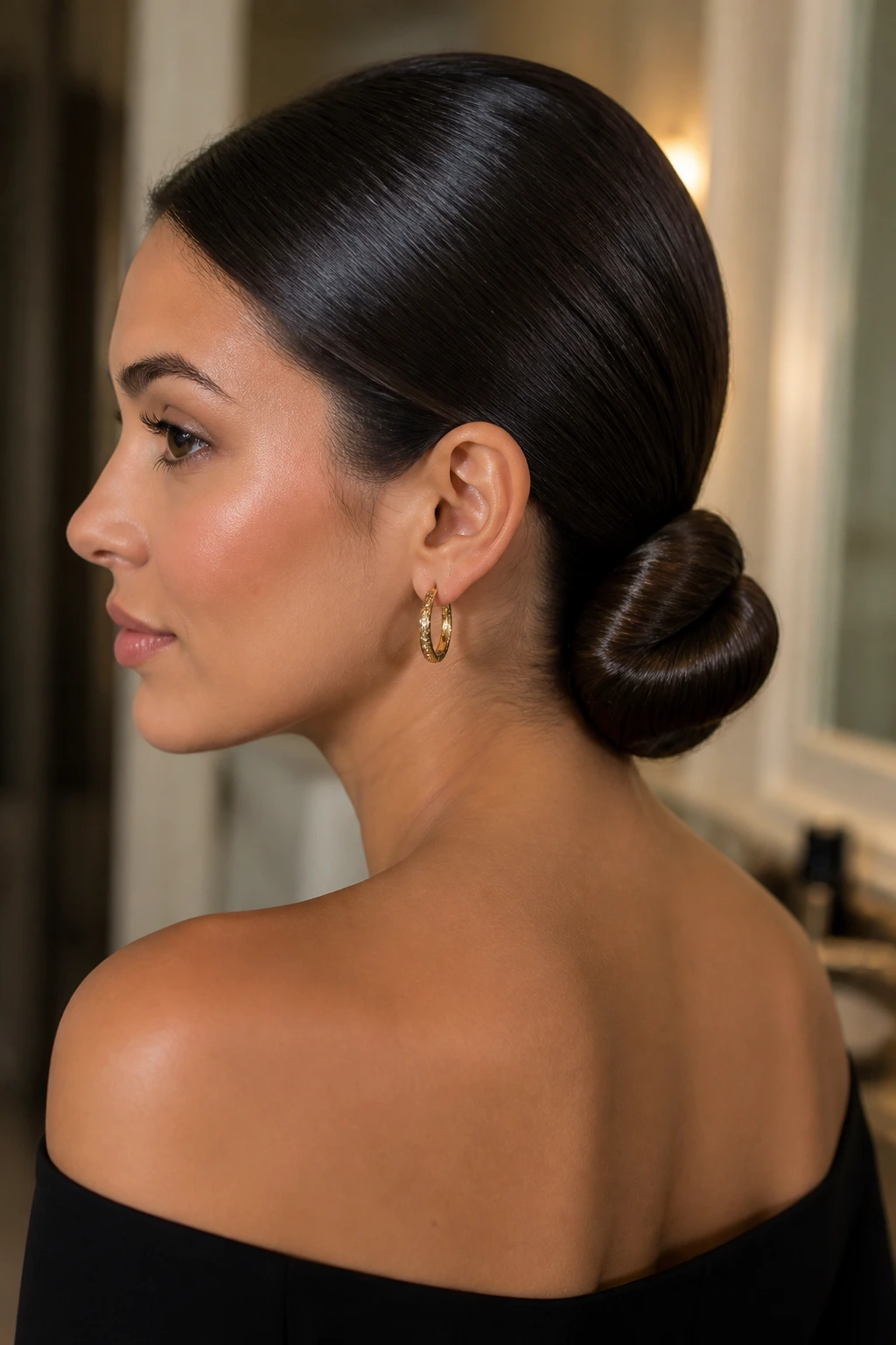 Portrait of a real woman with a wrapped-around low bun.