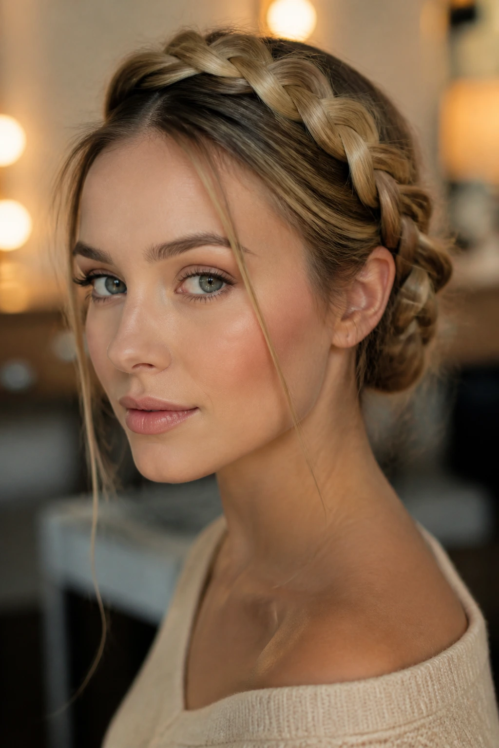 Close-up portrait of a real woman with a banana braid wrapped around the head behind the ear.