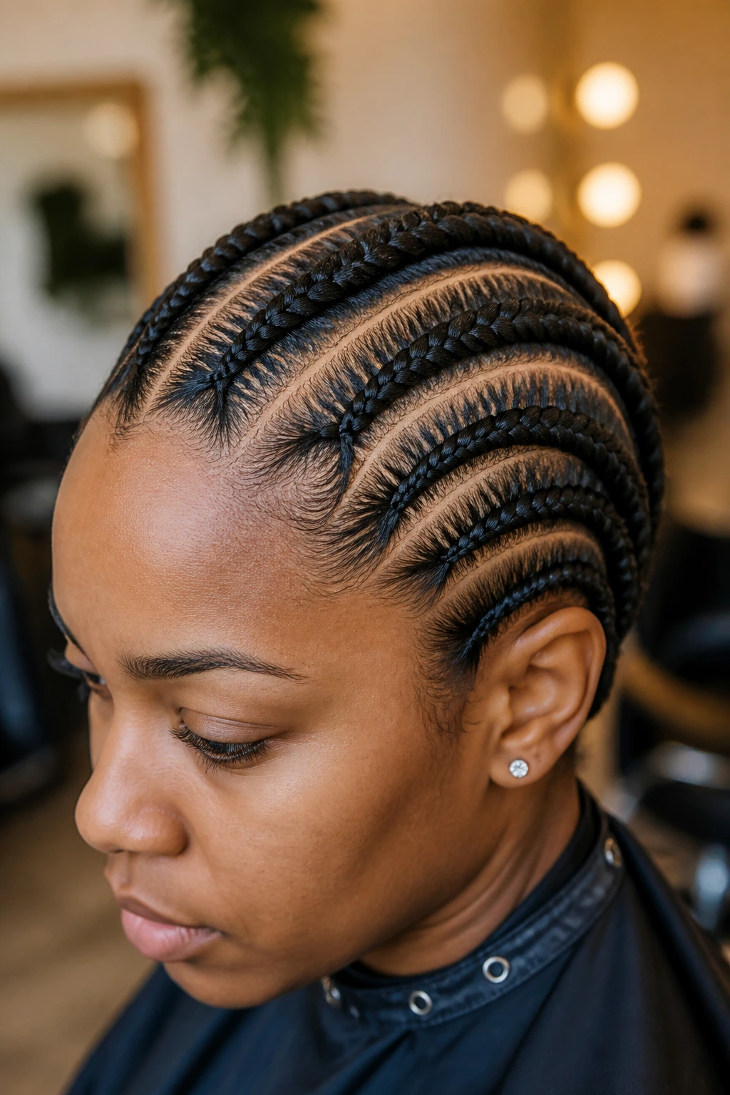 Close-up of wrapped-base Ghana braids at the hairline on a real person in a modern salon