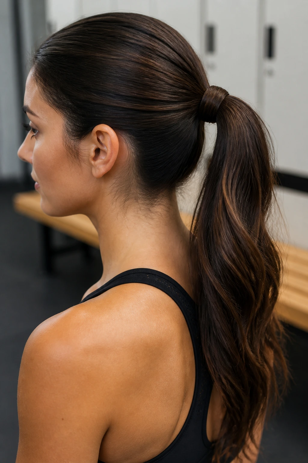 Close-up of wrapped base ponytail showing wrap around the elastic.