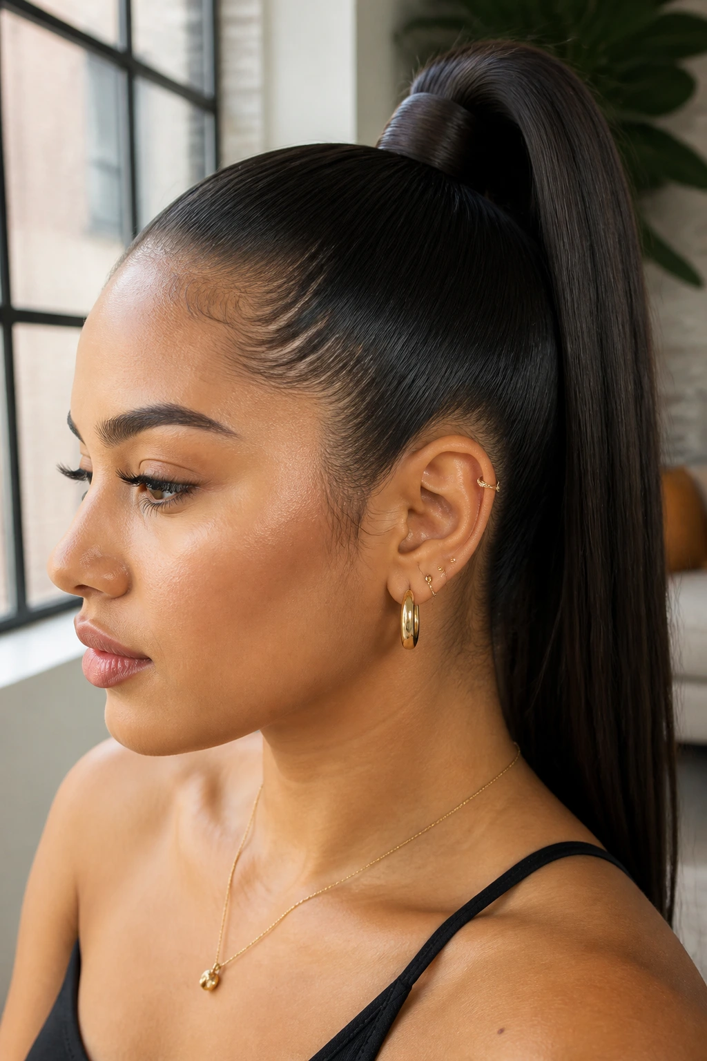 Close-up portrait of a real woman with a wrapped-base high ponytail in a bright modern loft