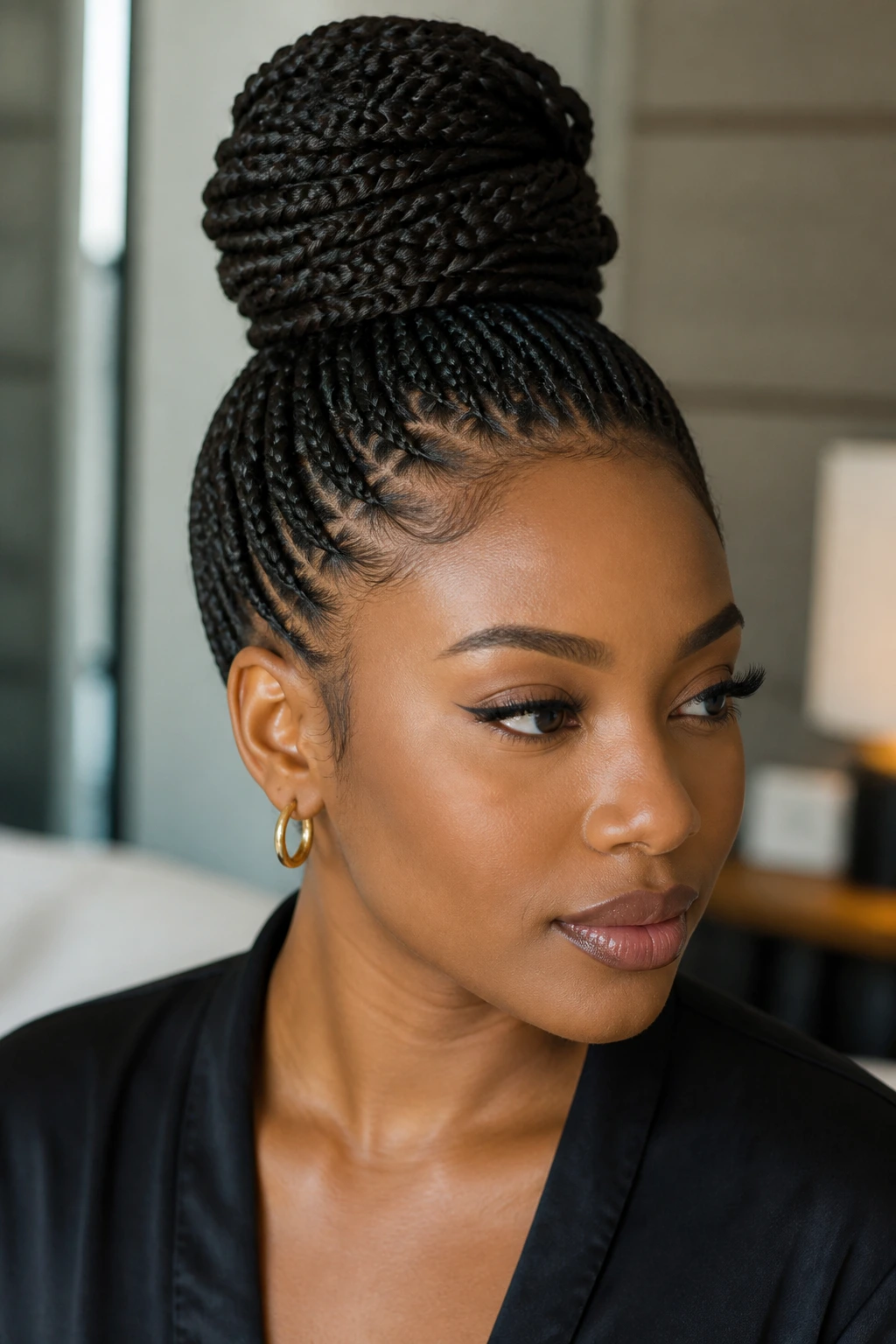 Close-up portrait of a person with wrapped braid buns in an elegant setting