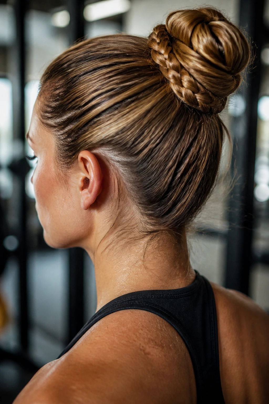 Close-up of a real woman with a wrapped braid bun hairstyle in a gym