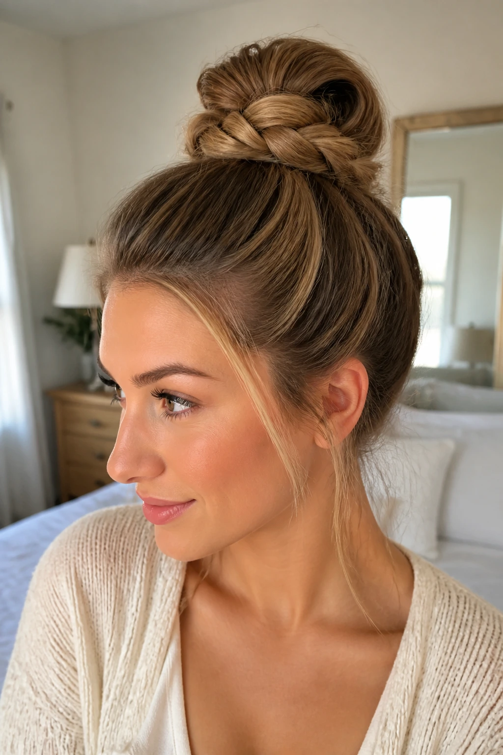 Close-up of a real woman with a wrapped braid bun showing texture and volume