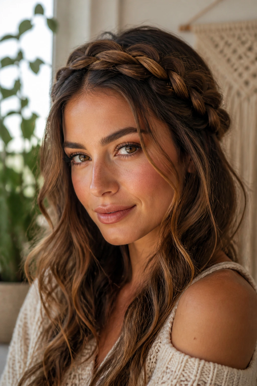 Close-up of a real woman wearing a crown-like wrapped braid along the hairline with loose waves