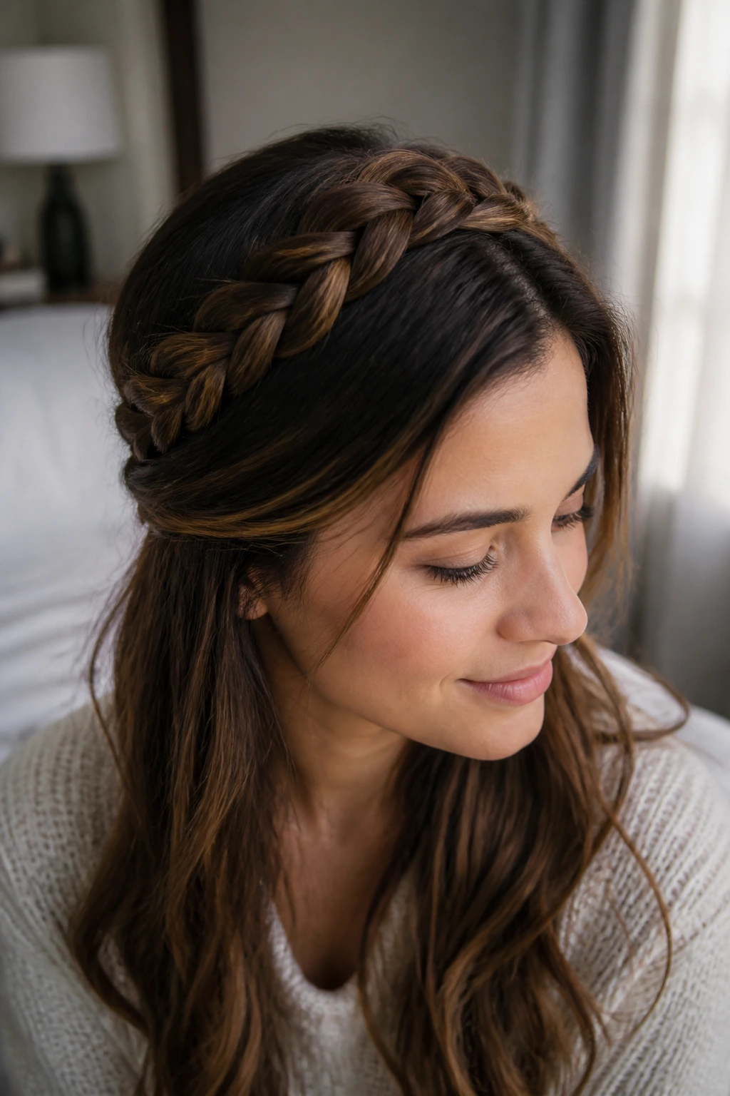 Close-up portrait of a real woman wearing a wrapped braid headband across the crown