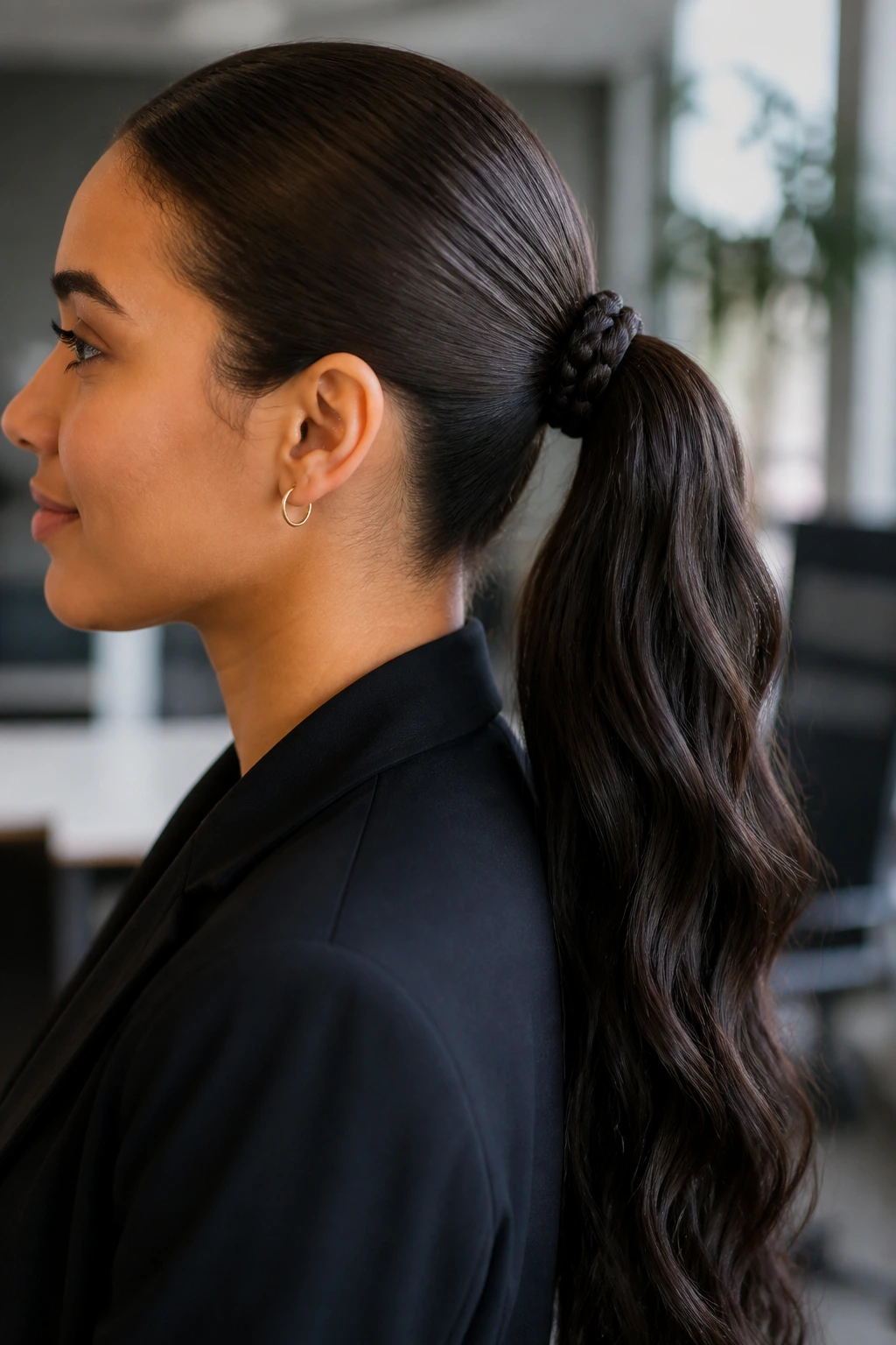 Close-up of a real woman with a ponytail wrapped by a braid at the base