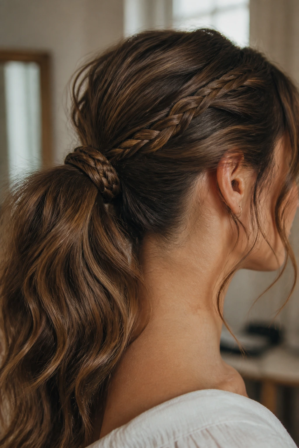 Close-up of a real person with a wrapped braid around a ponytail base