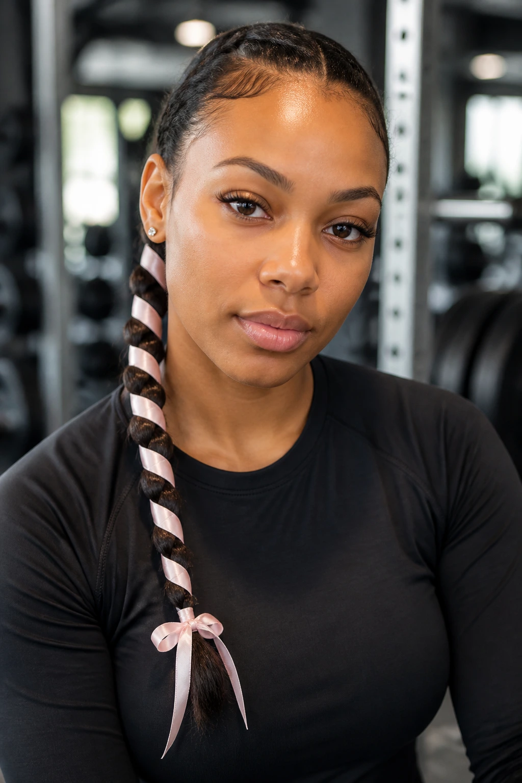 Close-up of a real woman with a wrapped braid and ribbon in a gym setting