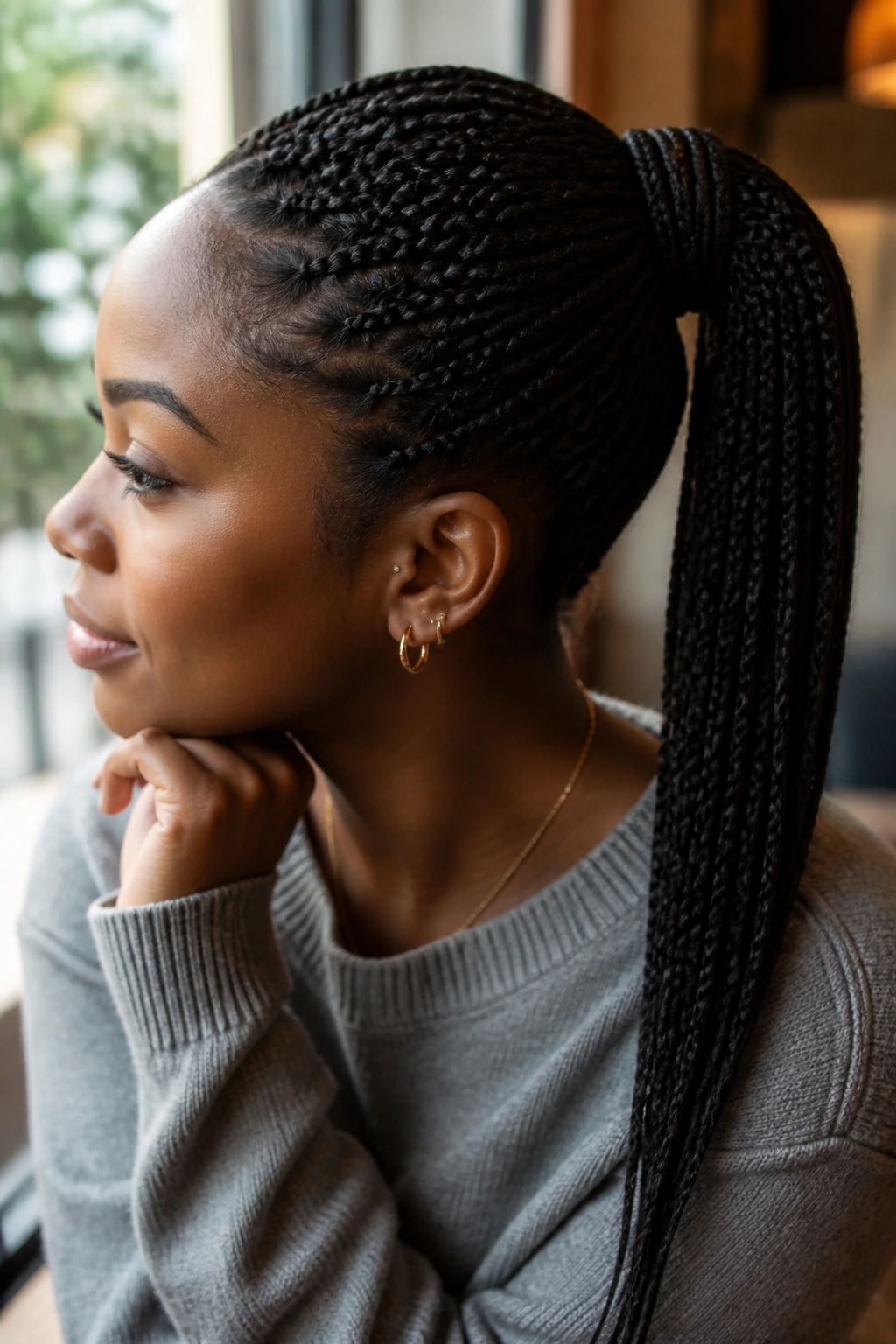 Close-up of real person with wrapped braided ponytail