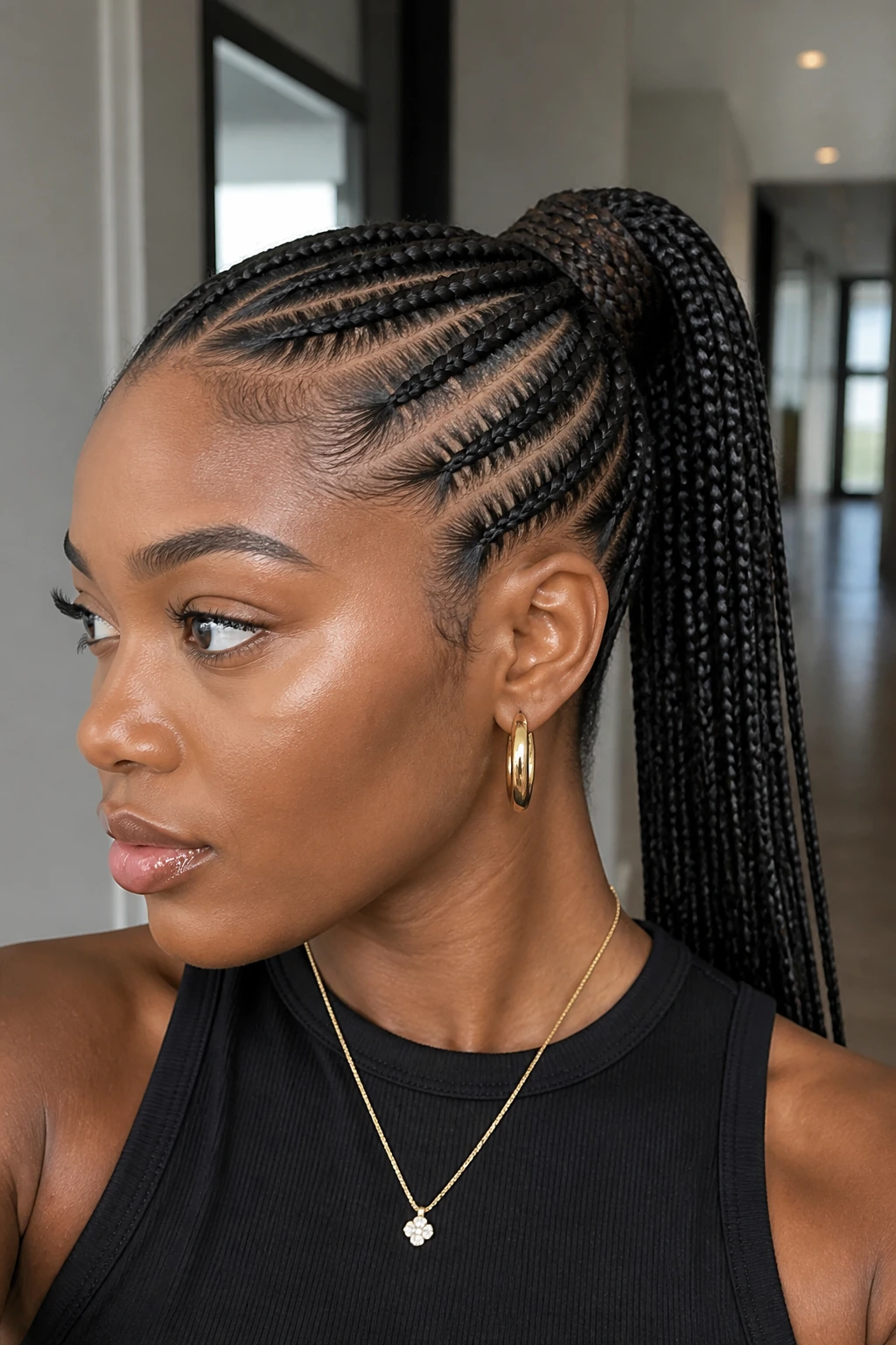 Close-up of wrapped cornrow ponytail on a real woman.
