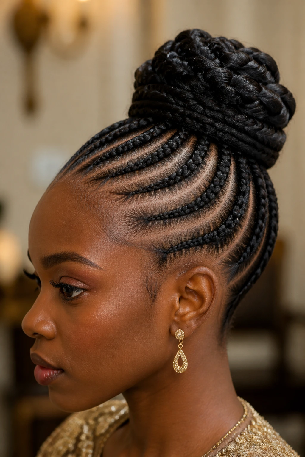 Real person with wrapped cornrow updo showing braided bun.