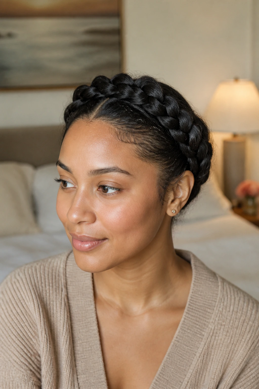 Close-up of a woman with a wrapped crown braid around her head