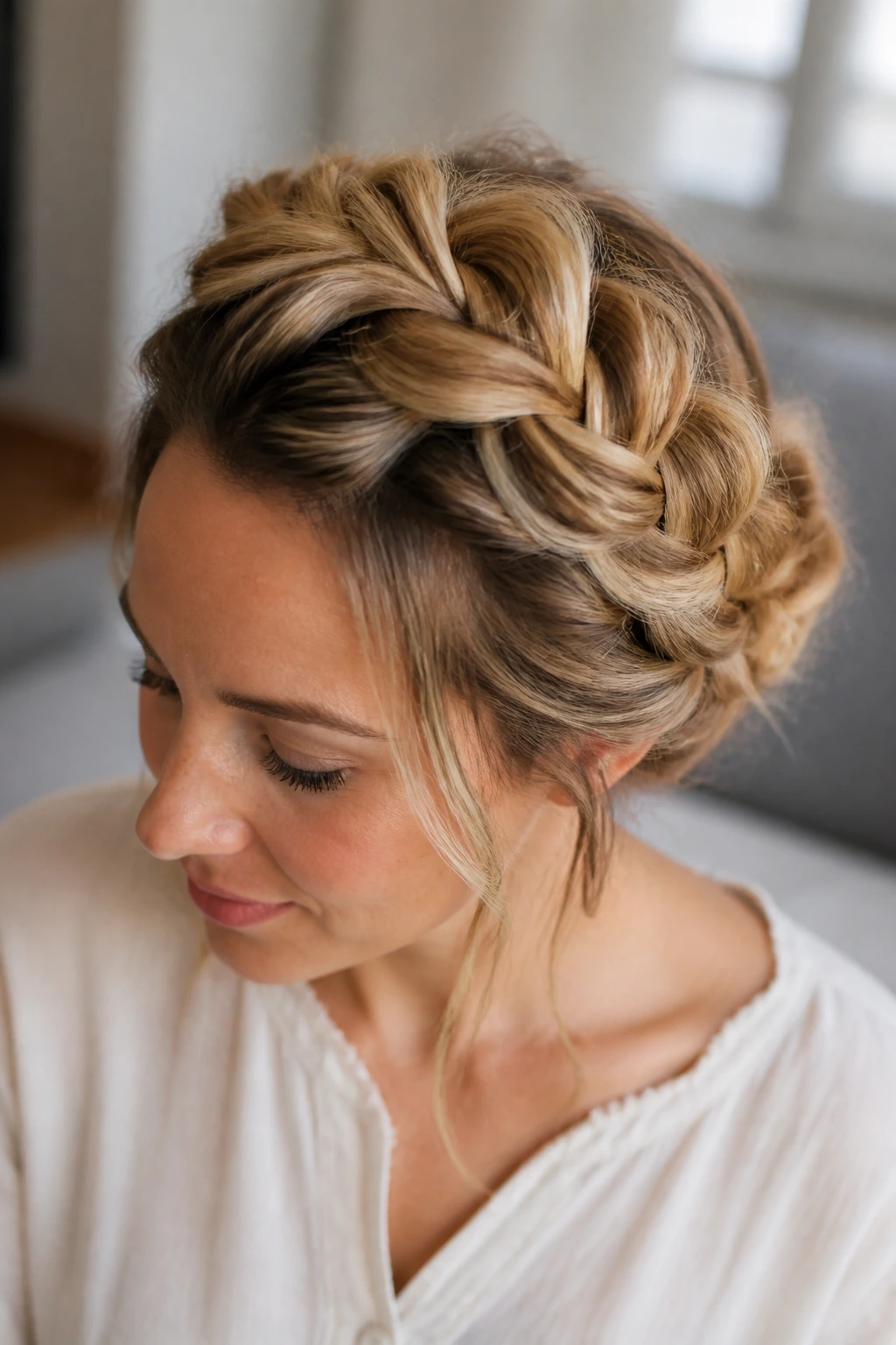 Close-up of real woman with a large wrapped Dutch braid around the head.