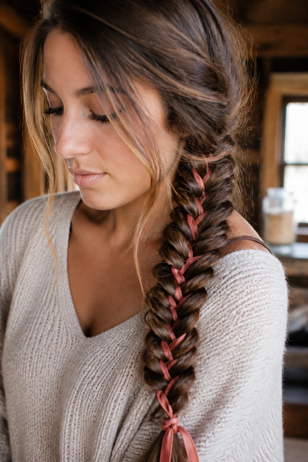 Close-up of a real woman with a wrapped fishtail braid with ribbon woven into the braid.