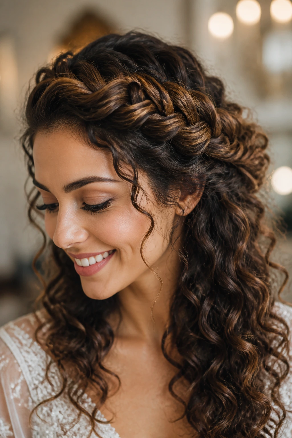 Portrait of a real person wearing a wrapped crown fishtail braid