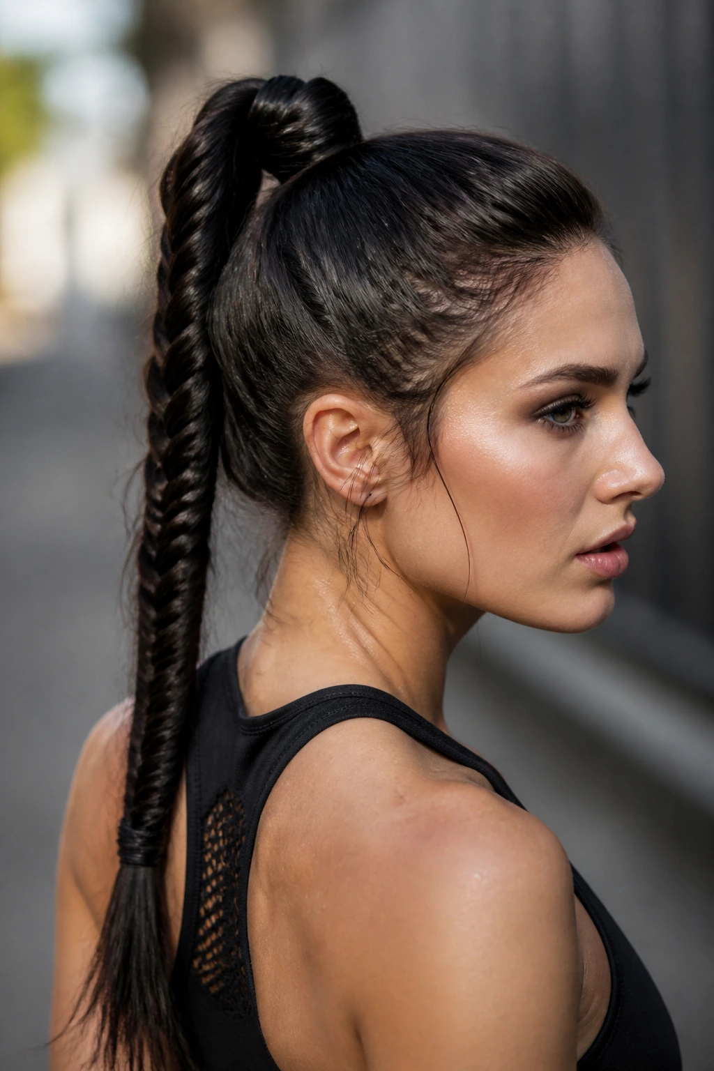 Close-up of wrapped fishtail pony hairstyle in gym setting