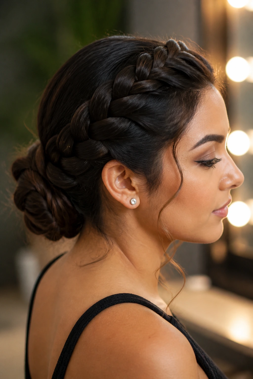 Close-up of a wrapped French braid forming a bun on a real woman