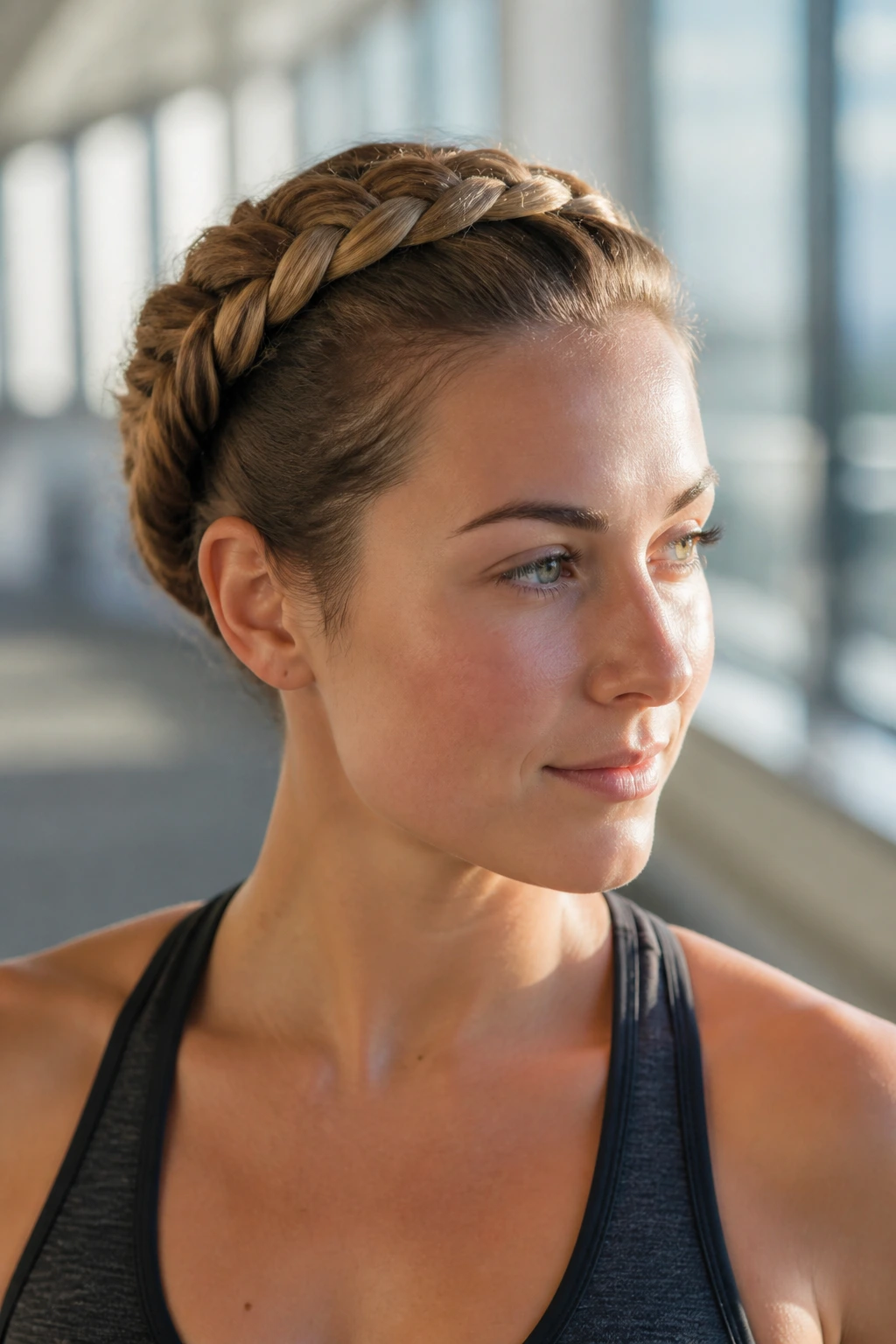 Close-up portrait of a real person with a wrapped French braid crown