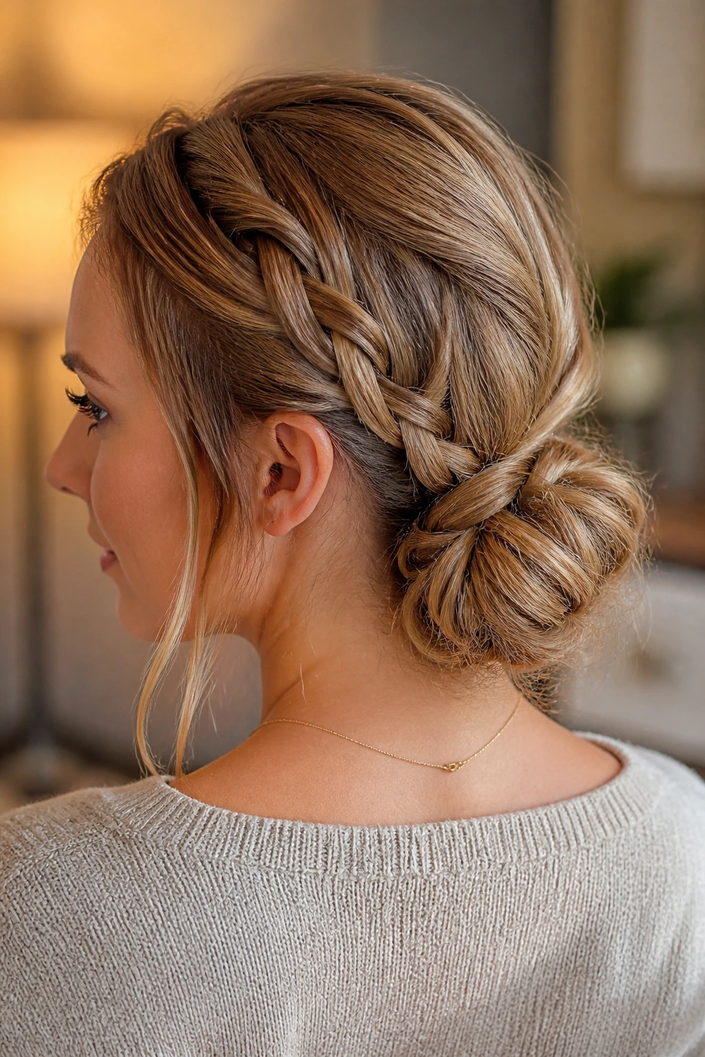 Loosely braided French bun wrapped at the nape