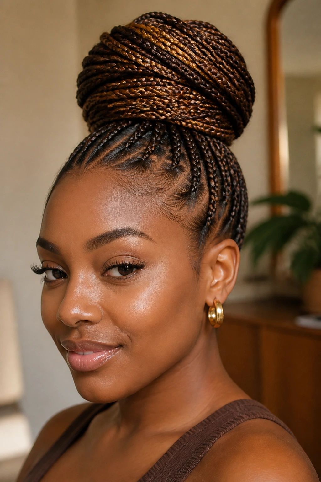 Close-up of wrapped high bun on a real person in a chic indoor setting
