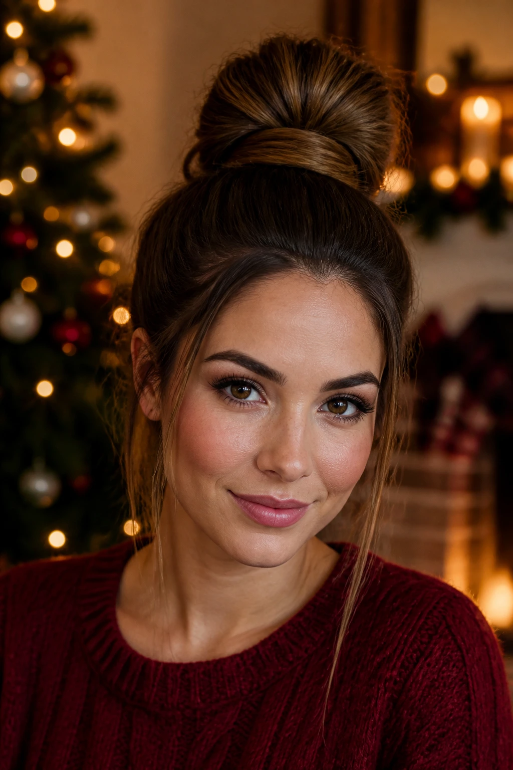 Close-up of a real woman with a wrapped high bun at the crown.