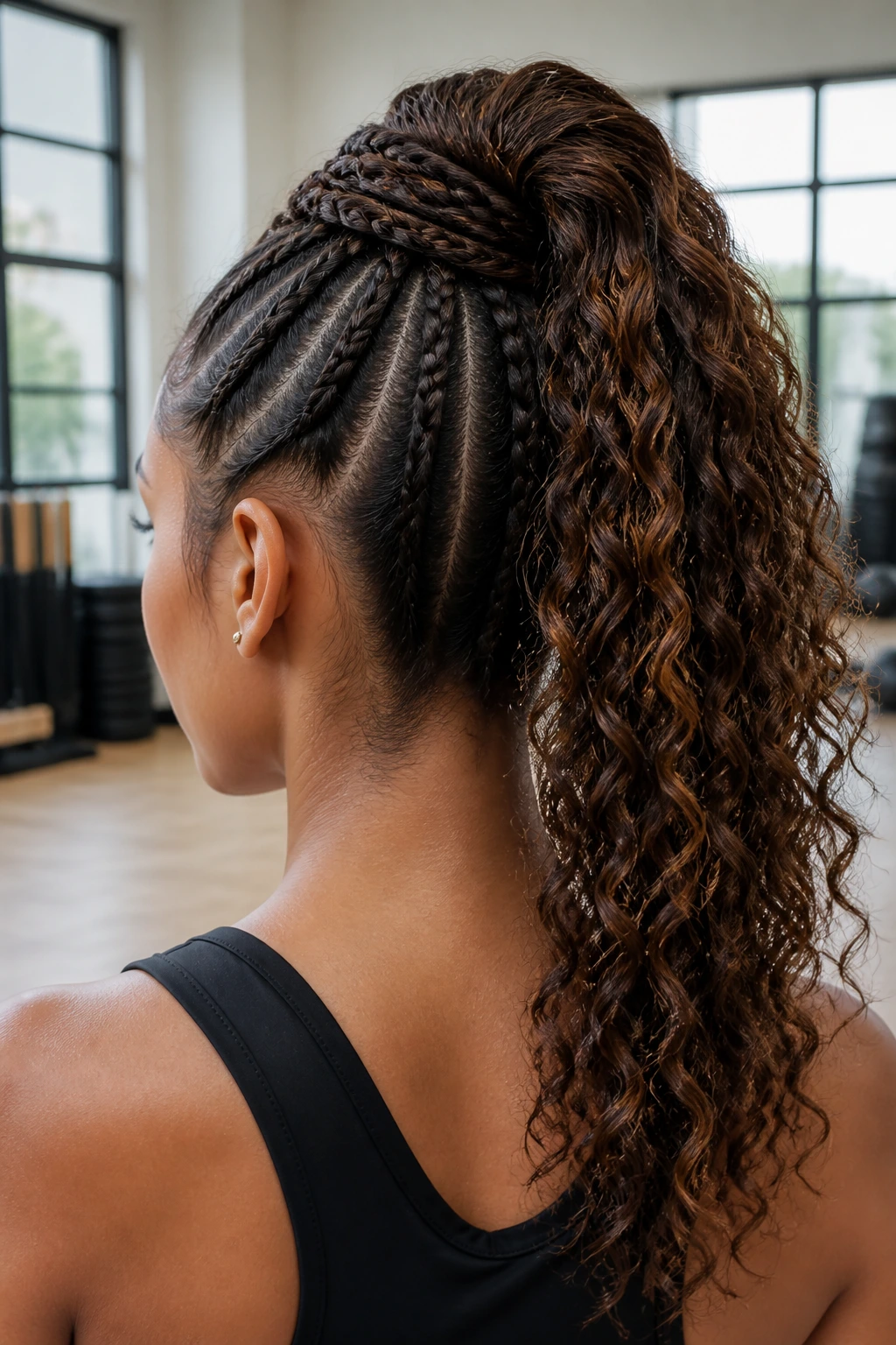 Rear view close-up of a woman with a wrapped braided high ponytail