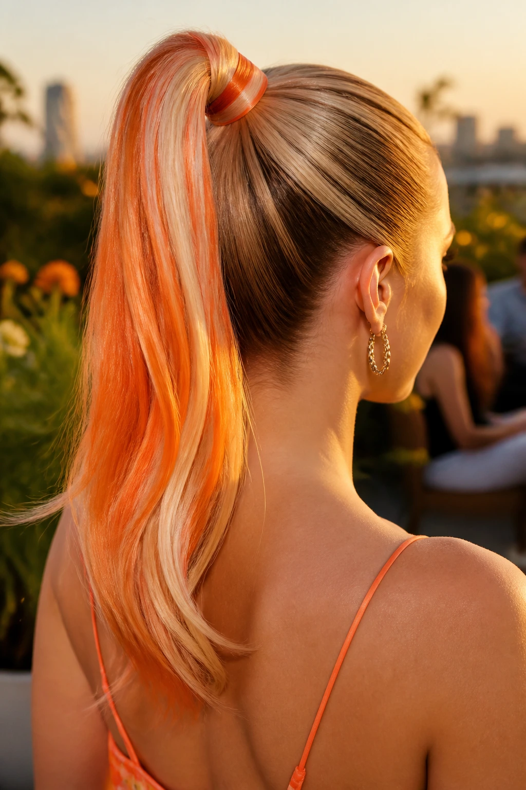 Back of head showing a wrapped high ponytail with candy-cane ombré