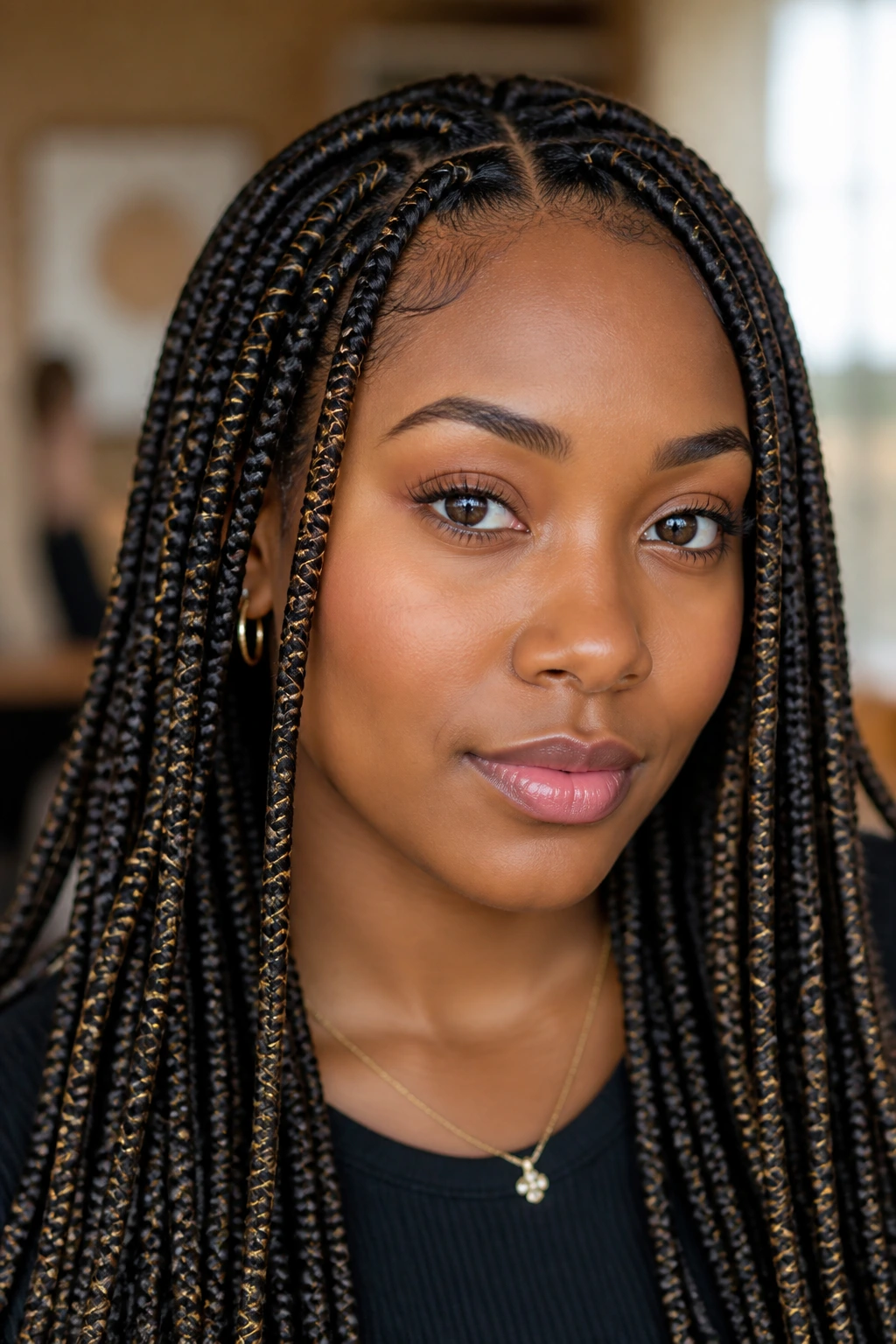 Close-up of wrapped highlight braids with thin colored wraps on a real person