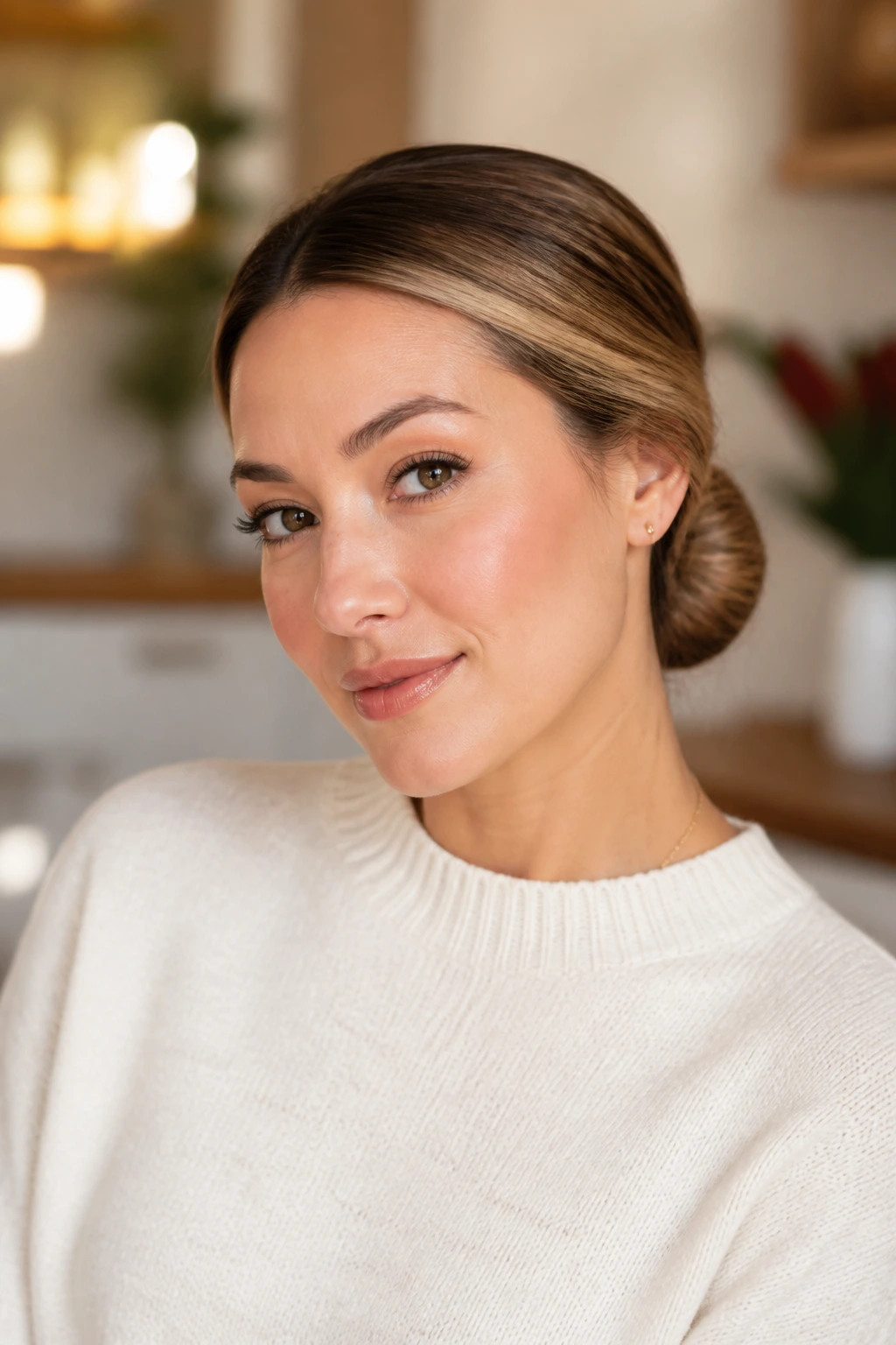 Close-up of a real woman wearing a wrapped low chignon hairstyle.