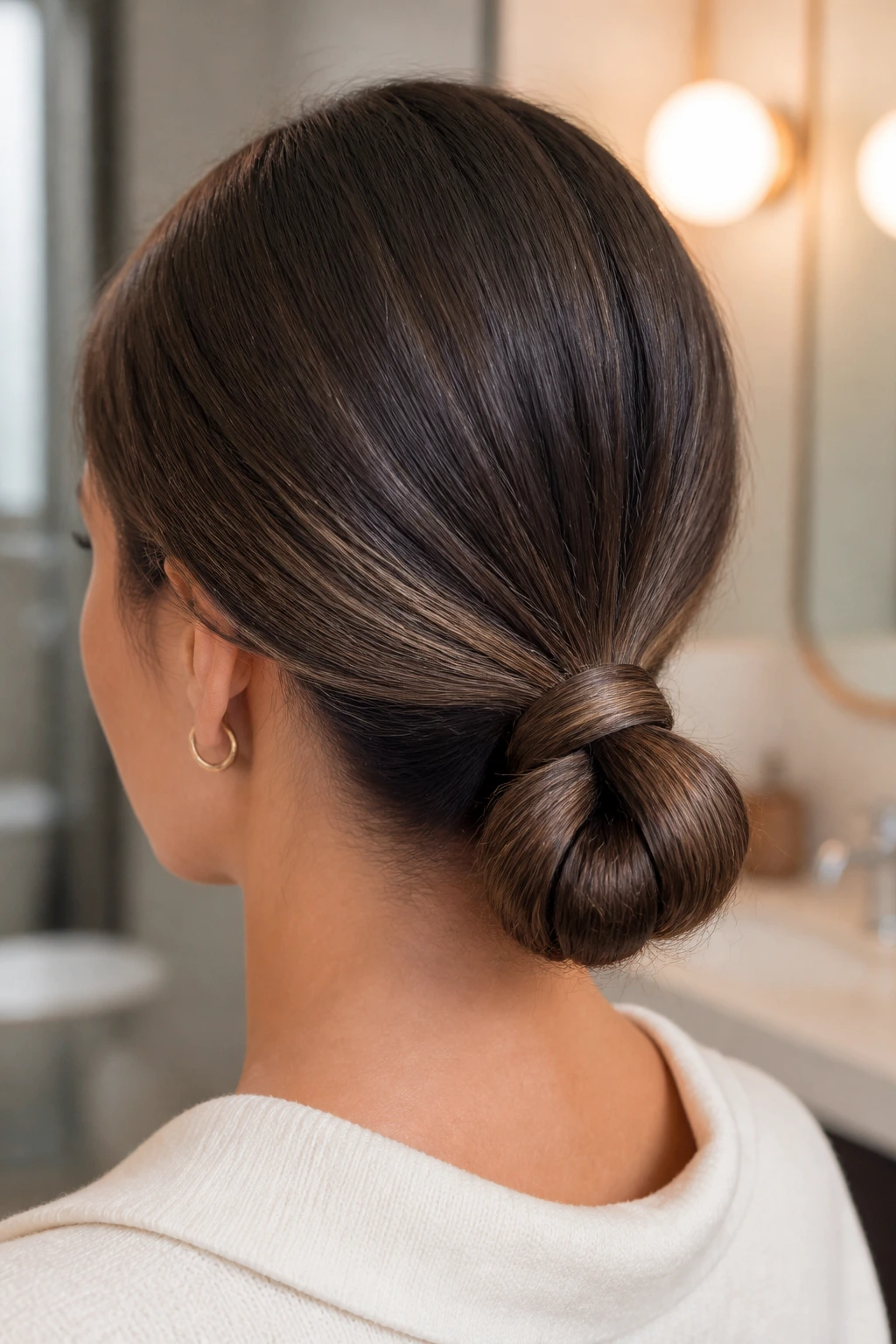 Back view of a real woman with a wrapped low loop bun