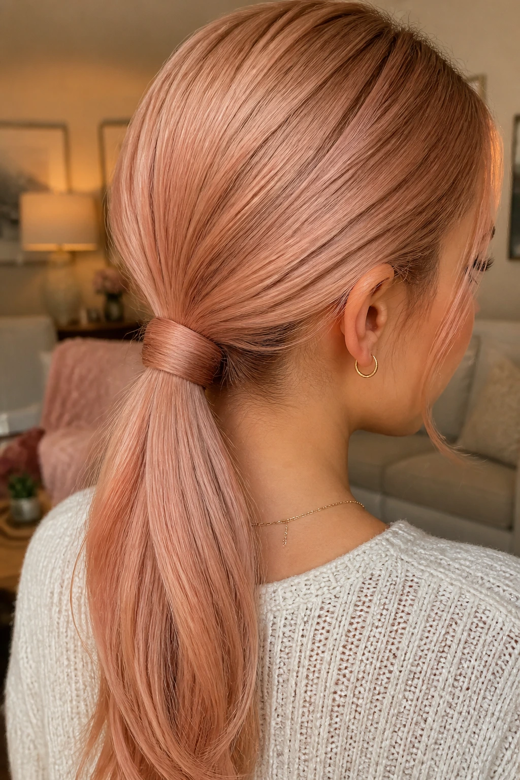 Close-up of real person with wrapped low pony at the nape