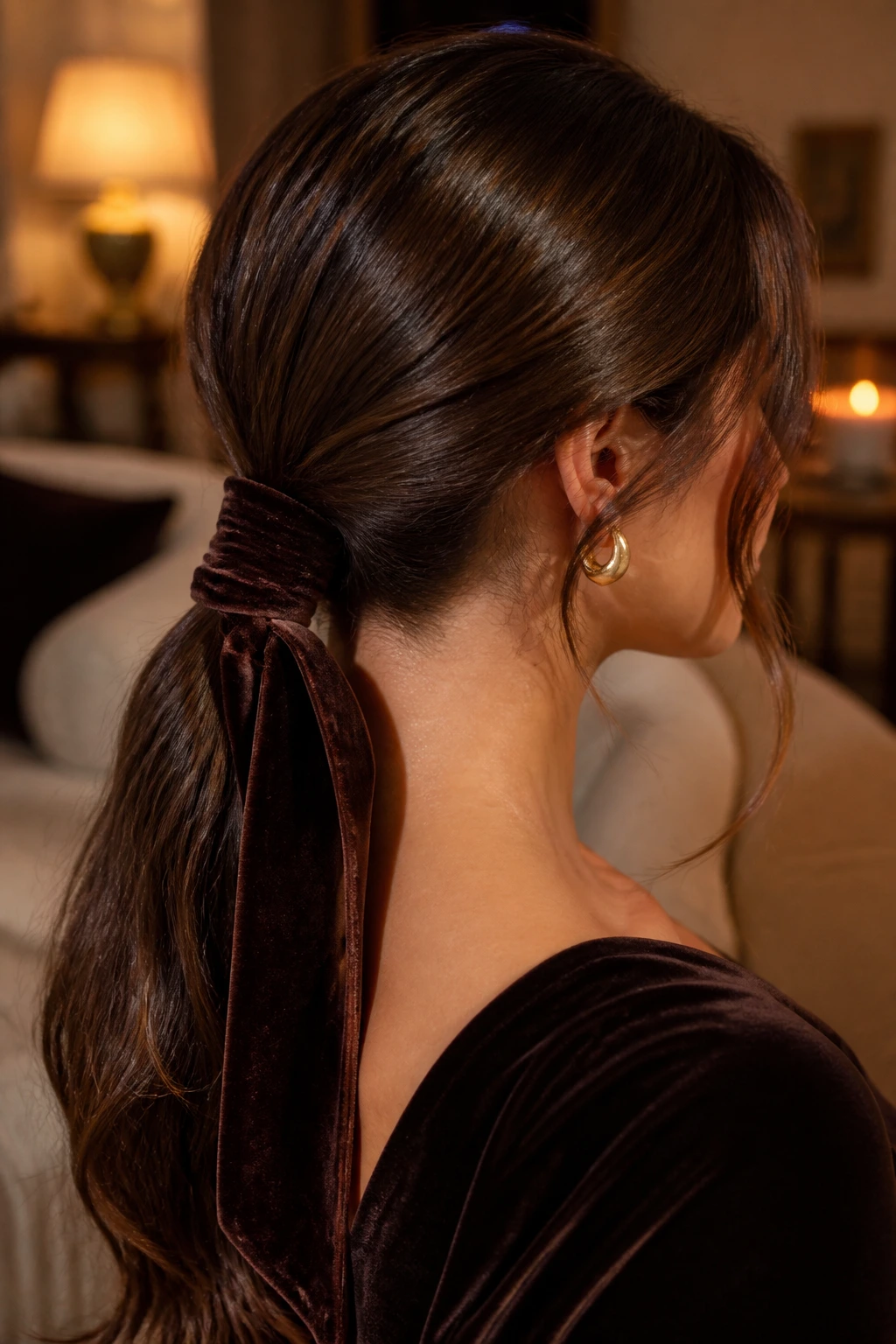 Low ponytail wrapped with velvet ribbon on a real person.