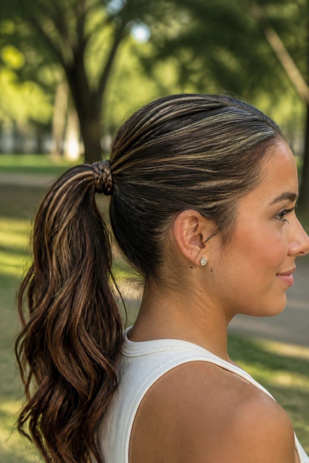 Portrait of a real woman with a wrapped pencil braid around a ponytail