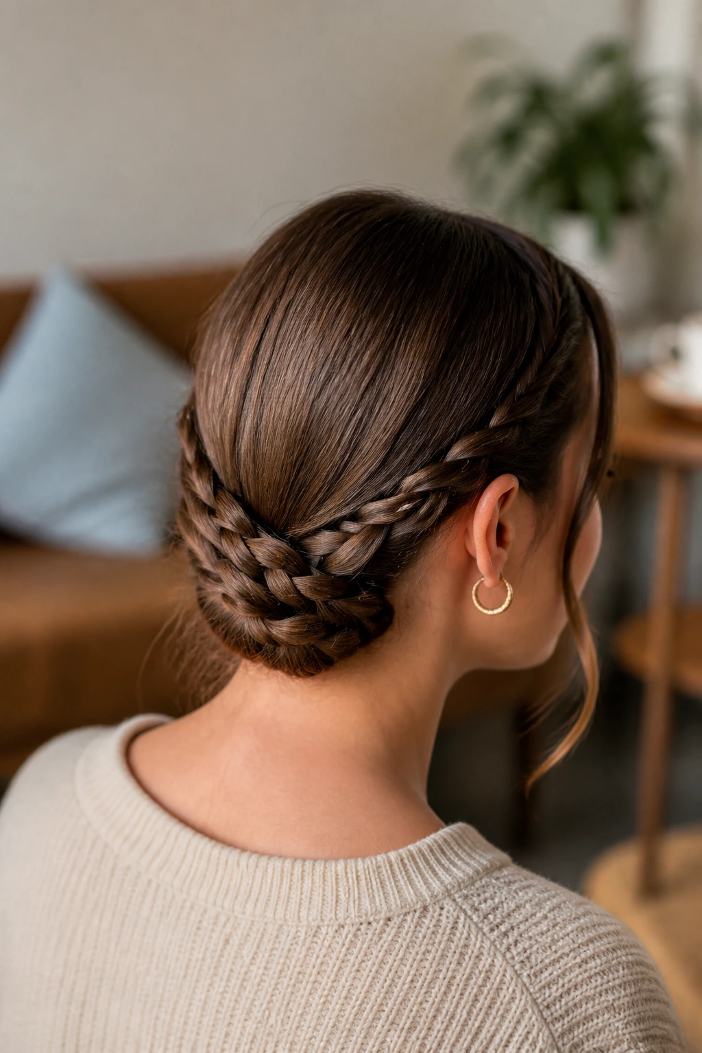 Portrait of a woman showing wrapped pigtail braids tied at the back