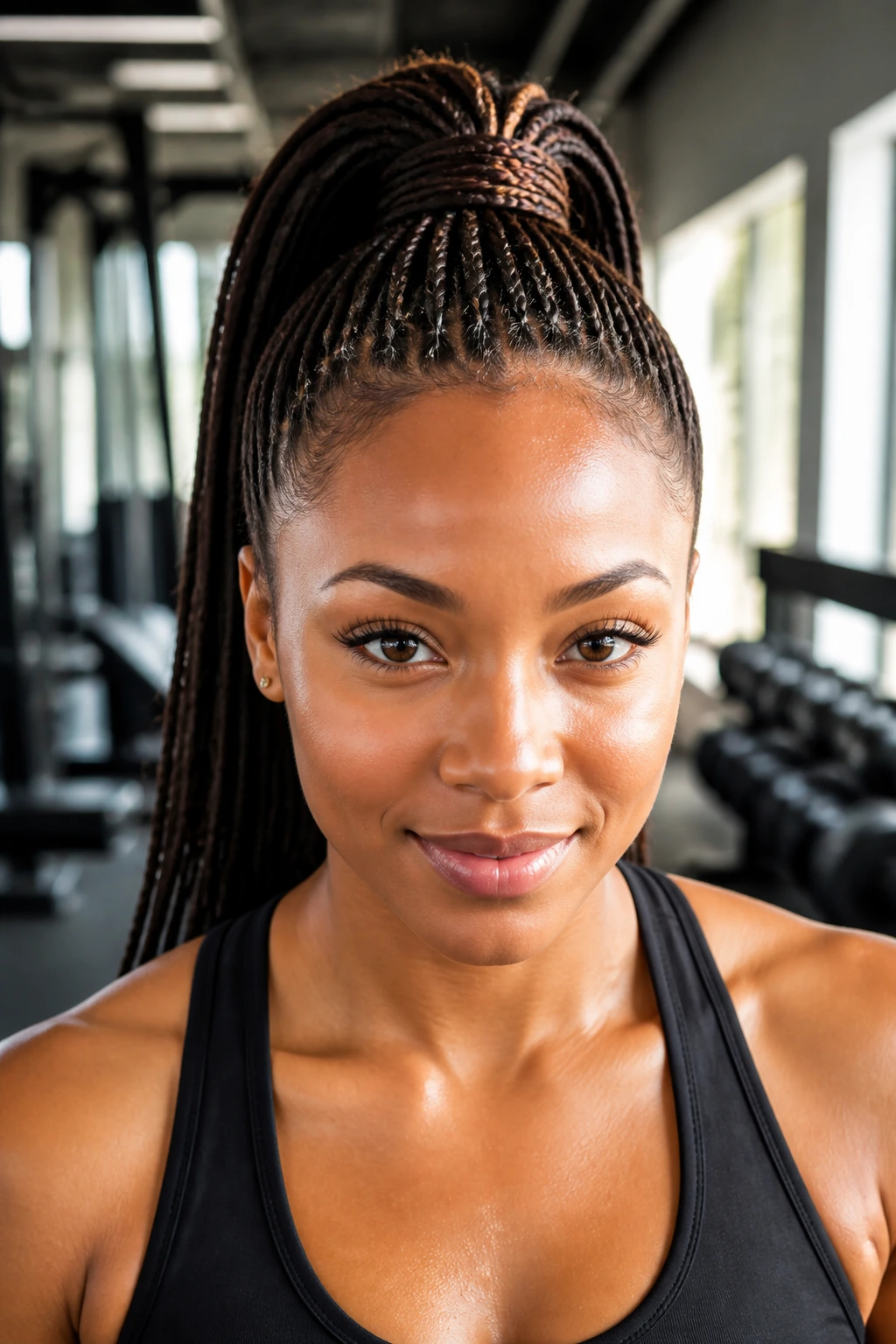 Close-up of a real woman with a high ponytail wrapped by a braid.